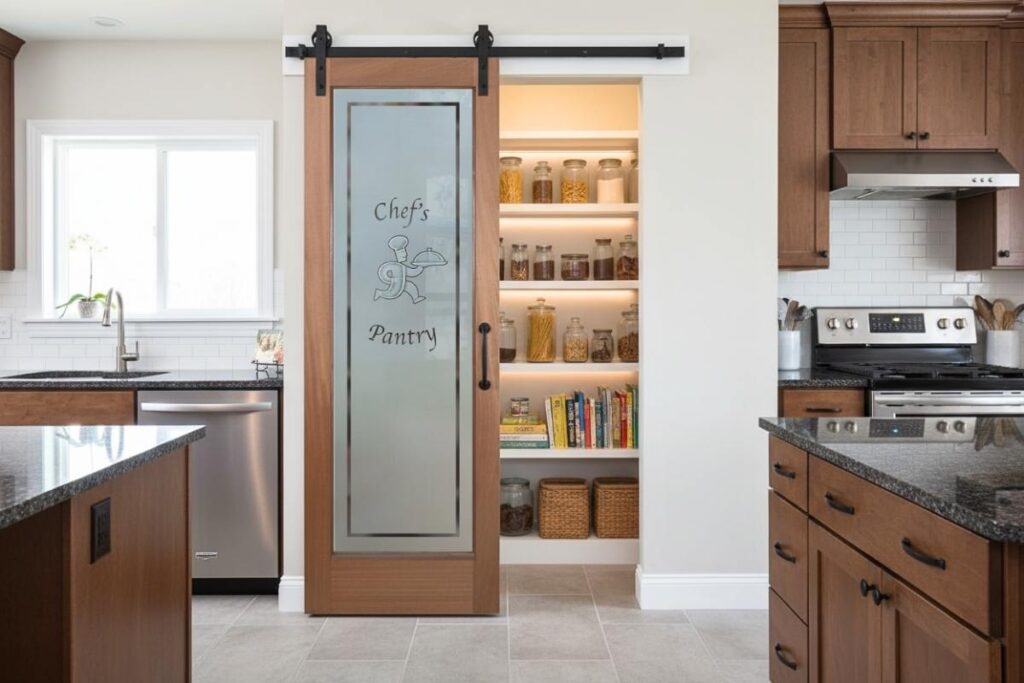 sliding pantry door with private frosted glass