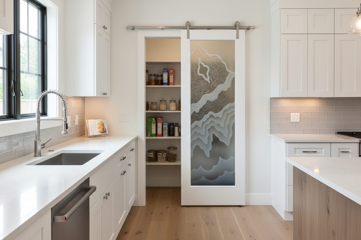 Contemporary white kitchen with a barn-style glass pantry door in the Rugged Retreat design, carved in frosted glass with a flowing pattern for privacy and style.
