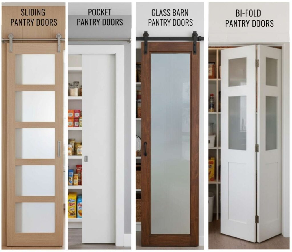 Comparison image showing four types of pantry doors: a modern sliding pantry door with frosted glass panels, a white pocket pantry door, a rustic glass barn pantry door, and a white bi-fold pantry door with glass inserts.