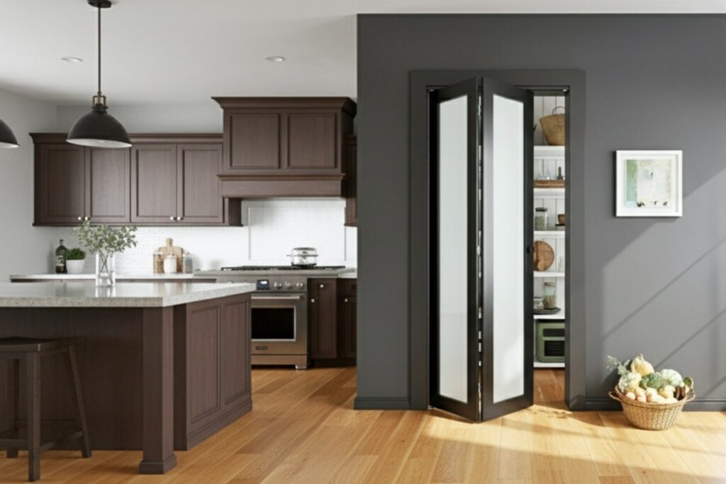 Modern kitchen with dark wood cabinetry featuring a black-framed bi-fold pantry door with frosted glass inserts, folding outward to save space and provide full access to pantry shelves.