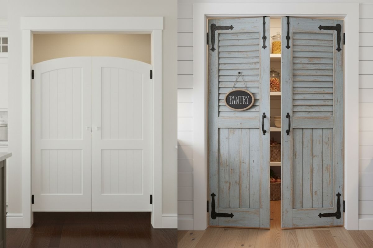 Double Action Saloon Door Hinges: a clean white modern double door on the left and a rustic distressed blue louvered door on the right, both opening to reveal organized pantry shelving.
