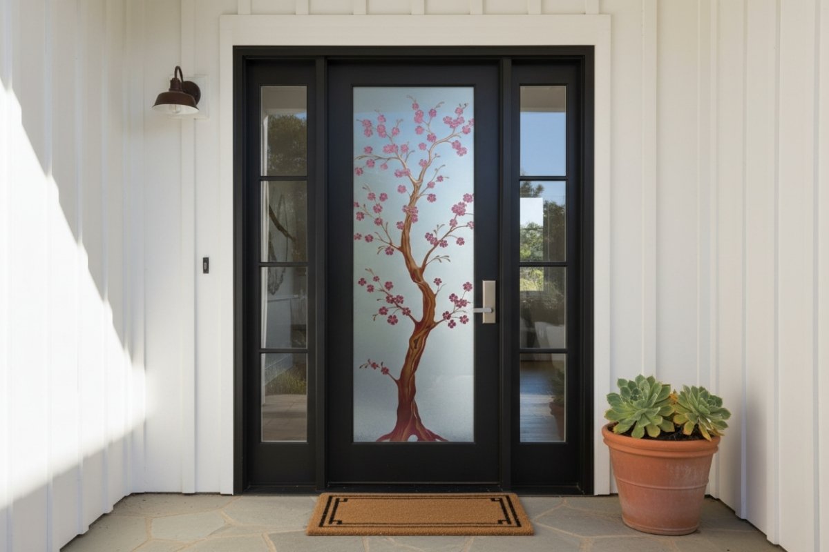 Handcrafted, custom black front door with glass showcasing a painted cherry blossom design, a high-quality durable entry door that blends artistry with modern elegance.