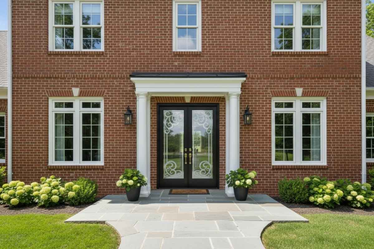 Black double front doors with glass showcasing decorative frosted swirls, set against a traditional red brick home with white columns and landscaped greenery.