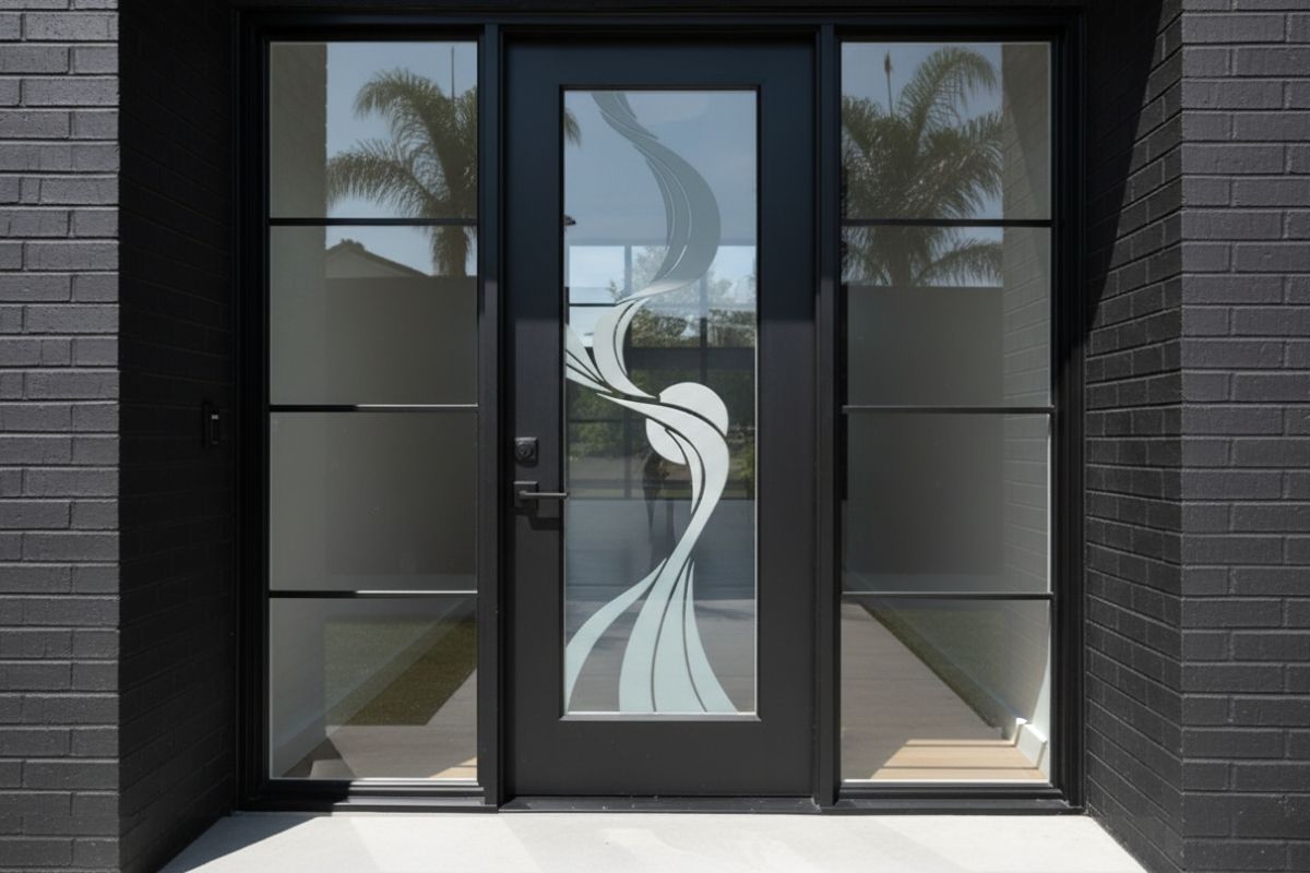 Black front door with glass in a geometric swirl pattern, set against sleek dark brick exterior with palm trees in the reflection.