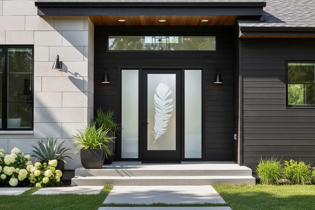 Durable, high-quality black front door with glass featuring a custom feather etching, professionally handcrafted with sidelights for a modern black exterior door entryway.