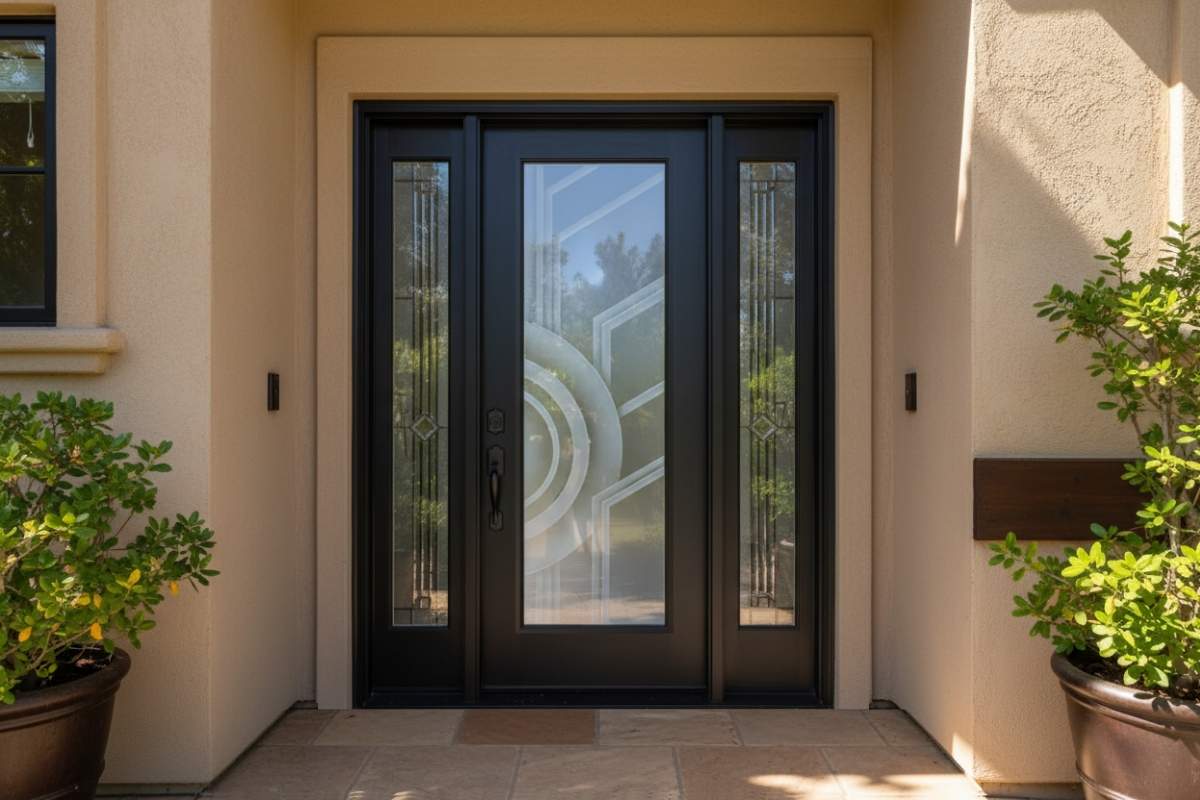 Professionally made, durable black front door with glass and sidelights featuring a custom geometric etched design, a handcrafted entry that adds modern elegance to the home.