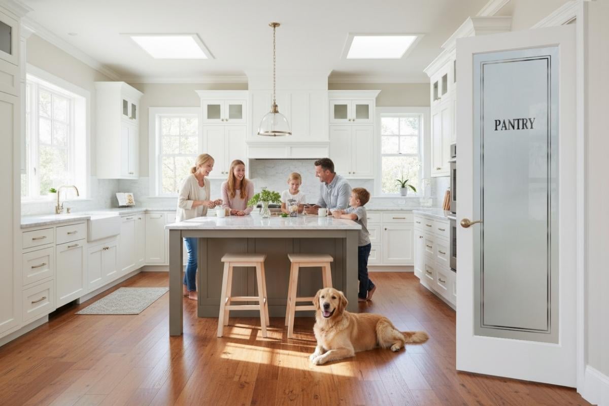 Bright family kitchen with a frosted glass pantry door etched with &ldquo;Kitchens are made for families to gather,&rdquo; swinging outward into the room while a family and golden retriever enjoy time together around the island.
