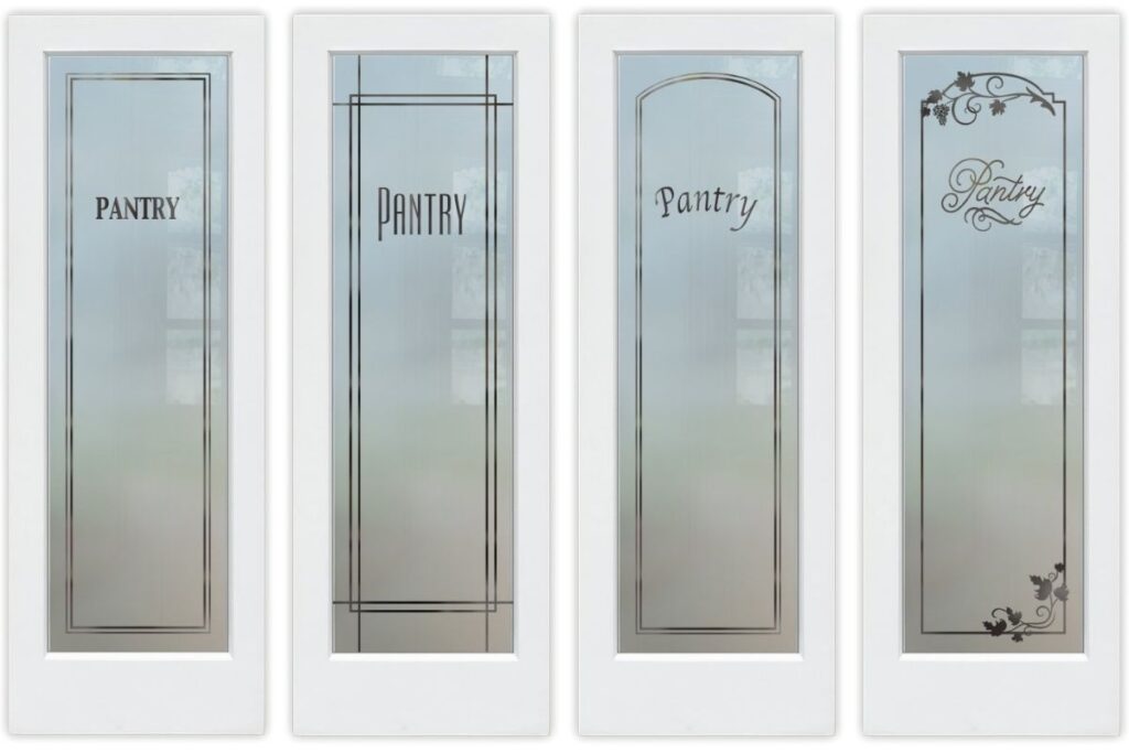 Classic pantry door designs that never go out of style, featuring frosted glass and etched details, professionally crafted by Sans Soucie Art Glass.