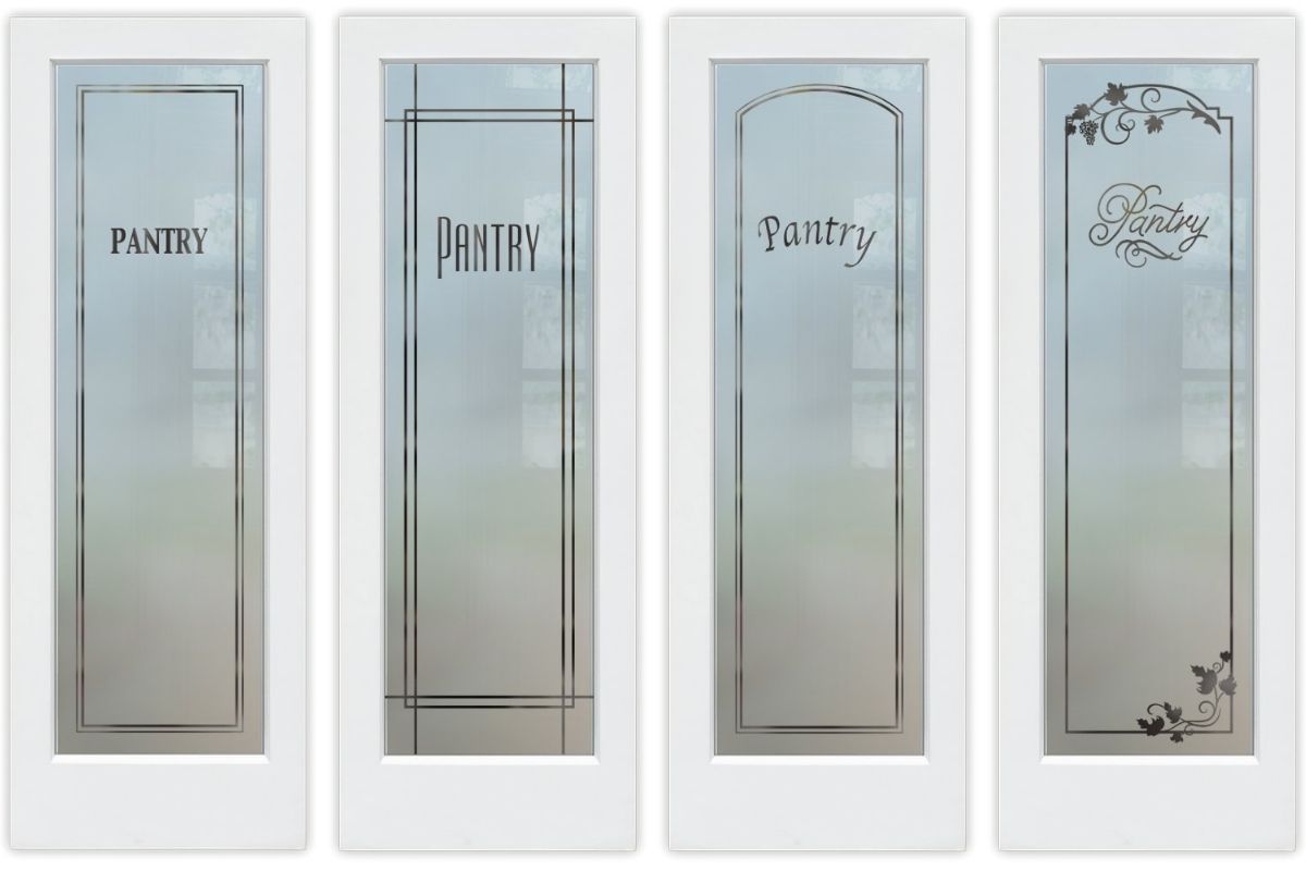 Classic pantry door designs that never go out of style, featuring frosted glass and etched details, professionally crafted by Sans Soucie Art Glass.