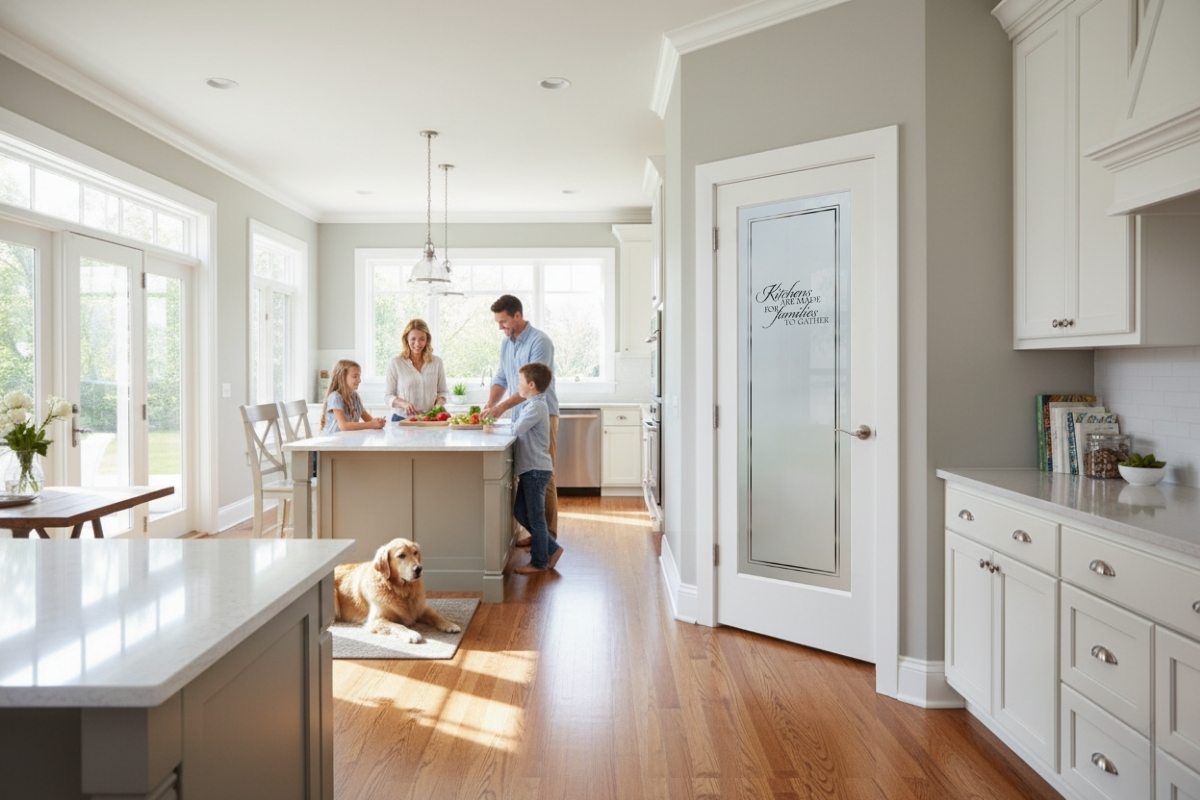 Modern family kitchen with a premium handcrafted minimalist frosted glass pantry door etched with text, featuring a family gathered around the island and their dog resting on the floor, showcasing a high-quality blend of style, privacy, and comfort.