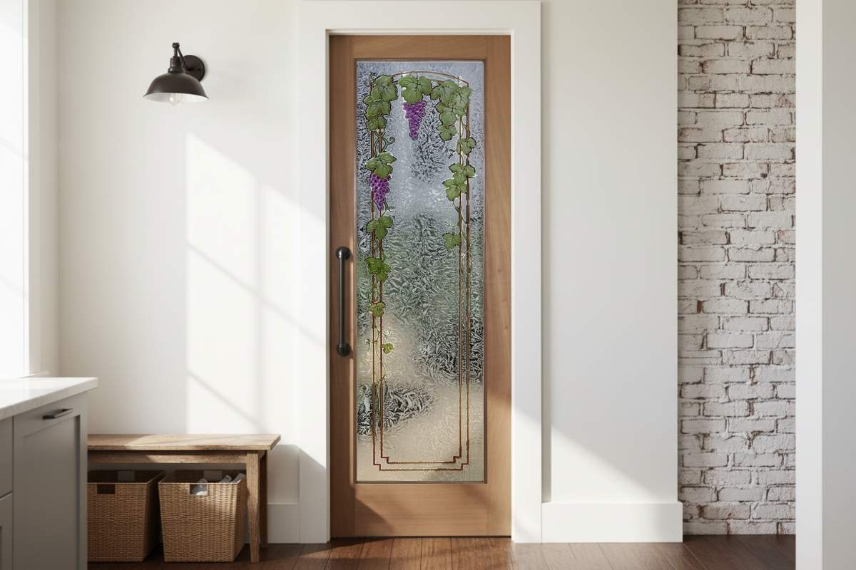 Hand-carved and painted frosted glass pantry door with vineyard grape trellis design in a bright kitchen setting
