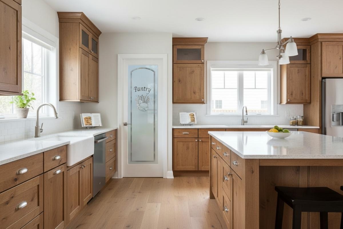 Bright farmhouse kitchen with natural wood cabinetry featuring Sans Soucie&rsquo;s frosted glass pantry door, etched with a decorative fruit basket design for privacy and charm.