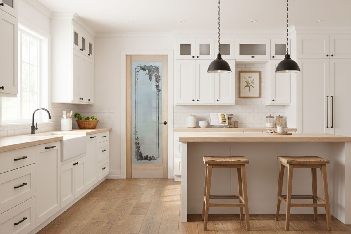 Bright farmhouse-style kitchen with a light wood framed frosted glass pantry door featuring vineyard grapevine etched design, handcrafted by Sans Soucie Art Glass.