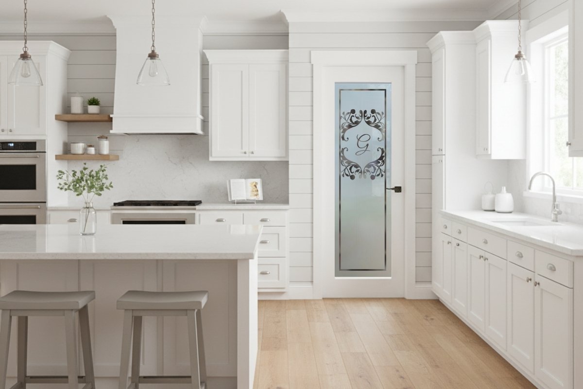 Bright white kitchen with a customizable frosted glass pantry door featuring a decorative monogram letter design, handcrafted by Sans Soucie Art Glass.