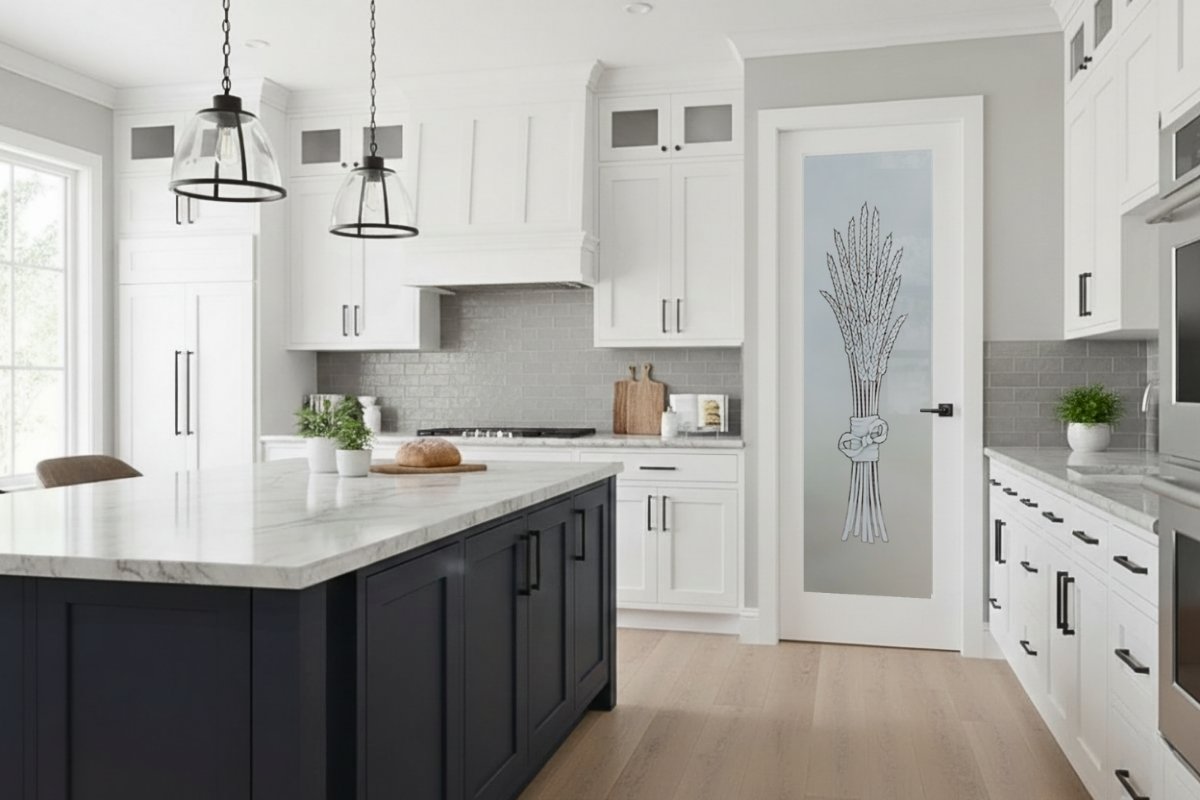 Frosted glass pantry door with bundled wheat design in a bright modern farmhouse kitchen