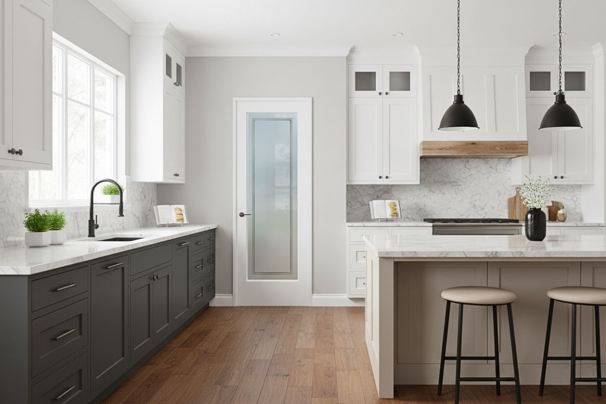 Bright modern kitchen with white and gray cabinetry featuring Sans Soucie&rsquo;s 2 Pinstripe Border 1D Negative minimalist frosted glass pantry door, providing full privacy with a sleek etched border design.