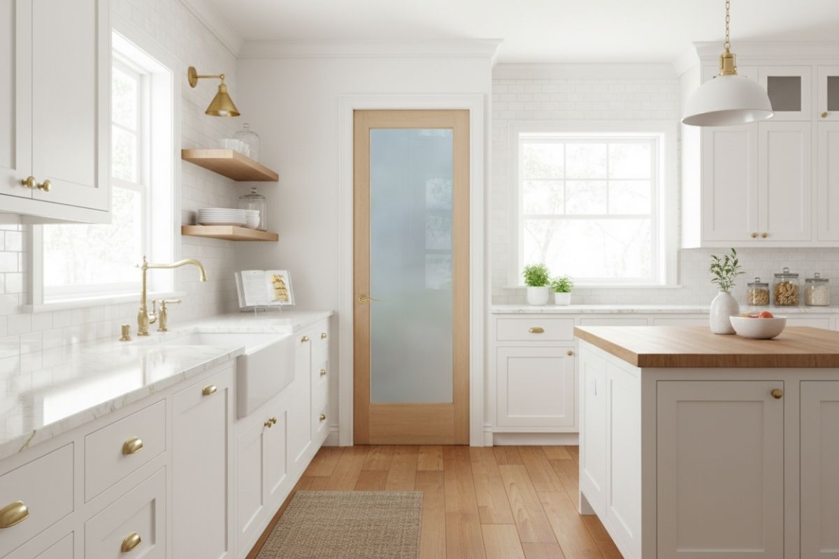Premium handcrafted minimalist frosted glass pantry door with natural wood frame in a bright farmhouse-style kitchen, blending high-quality elegance with a clean and modern feel.
