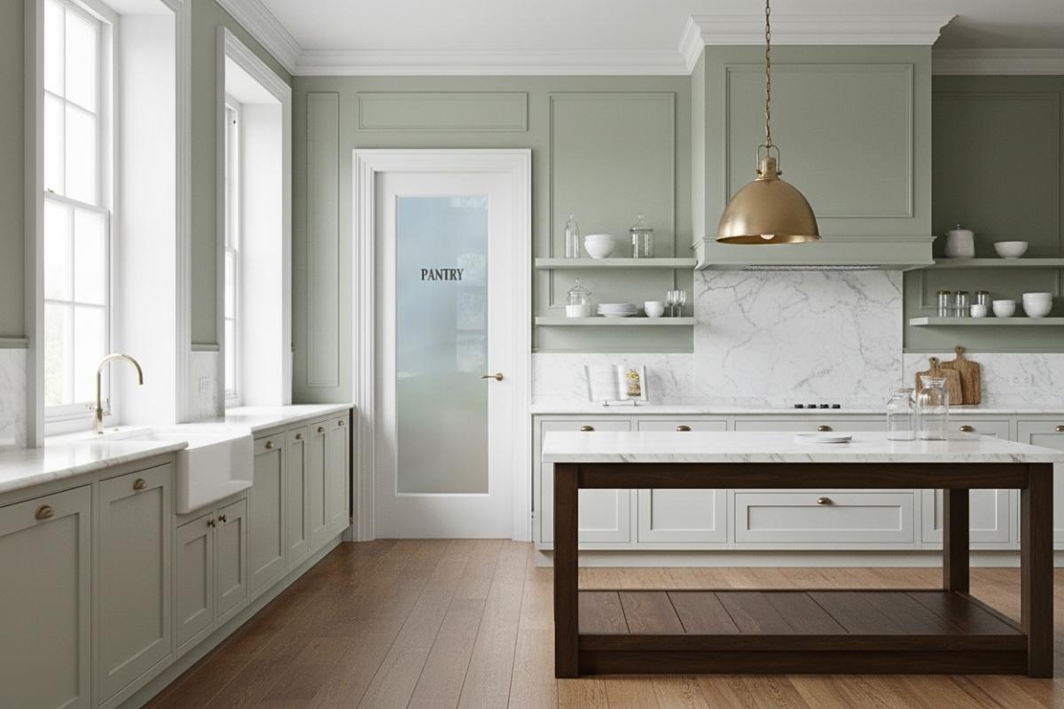 Classic minimalist frosted glass pantry door with etched “Pantry” text, a high-quality handcrafted design that enhances a timeless kitchen interior.