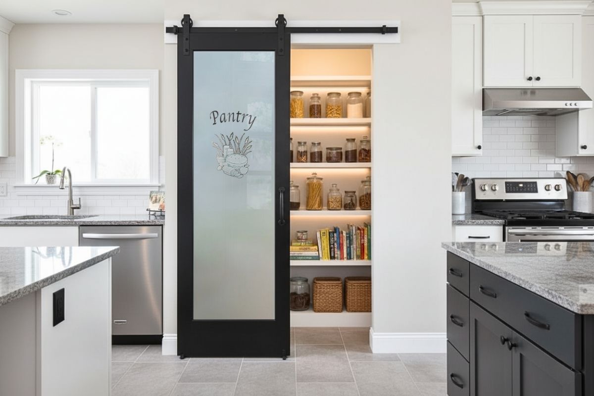 Minimalist sliding frosted glass pantry door with Apple Pie 3D carved design, a premium handcrafted feature that blends high-quality artistry with functional kitchen storage access.