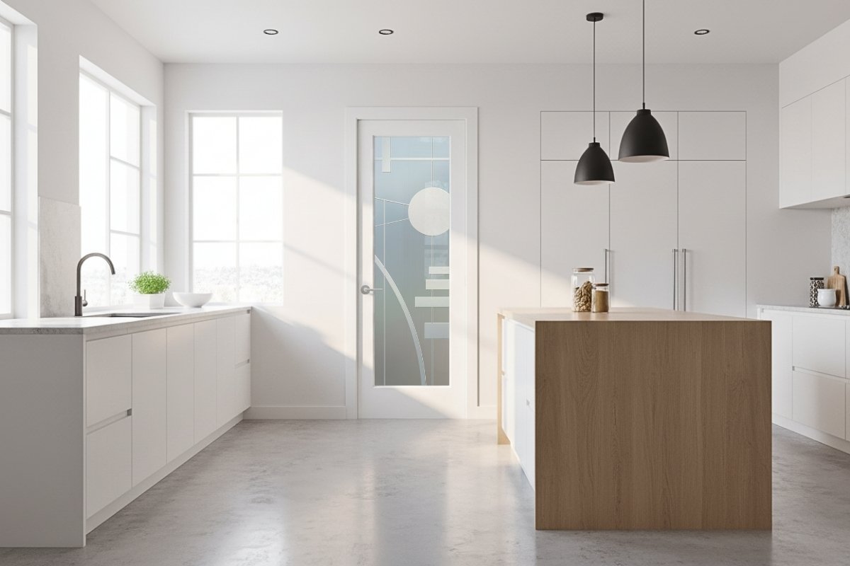 High-quality minimalist frosted glass pantry door with Interval 3D carved geometric design, handcrafted for a premium modern kitchen with privacy and style combined.