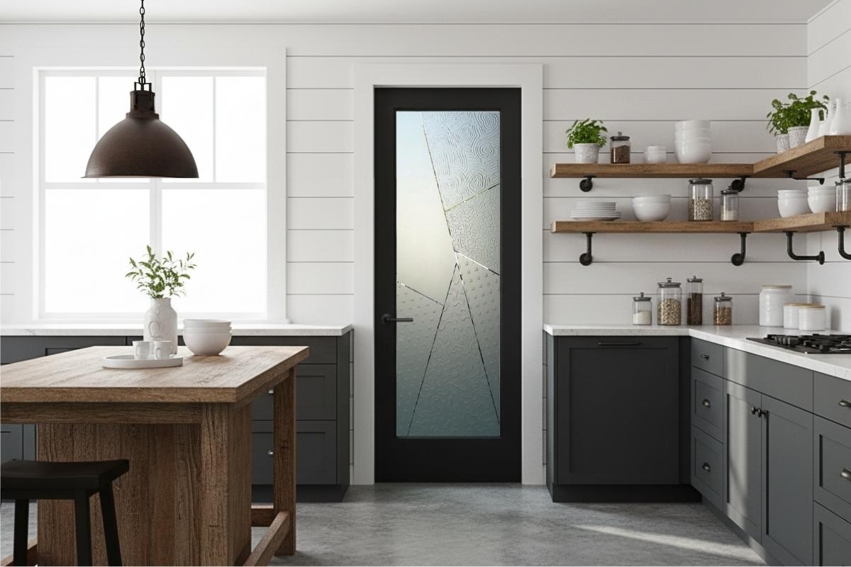 Minimalist frosted glass pantry door with bold geometric etched patterns, a premium handcrafted feature that elevates the look of a farmhouse-inspired kitchen.