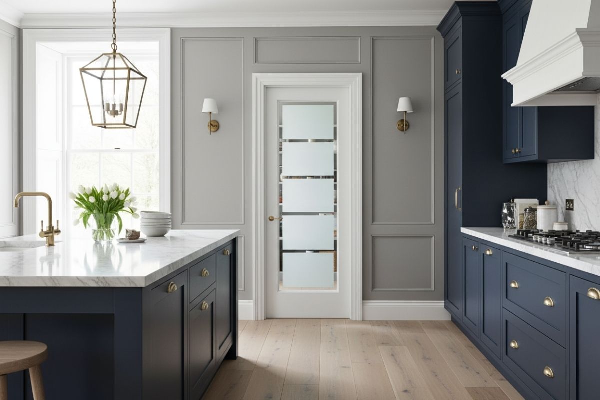 Carved frosted glass pantry door with horizontal panel design in an elegant navy and gray kitchen