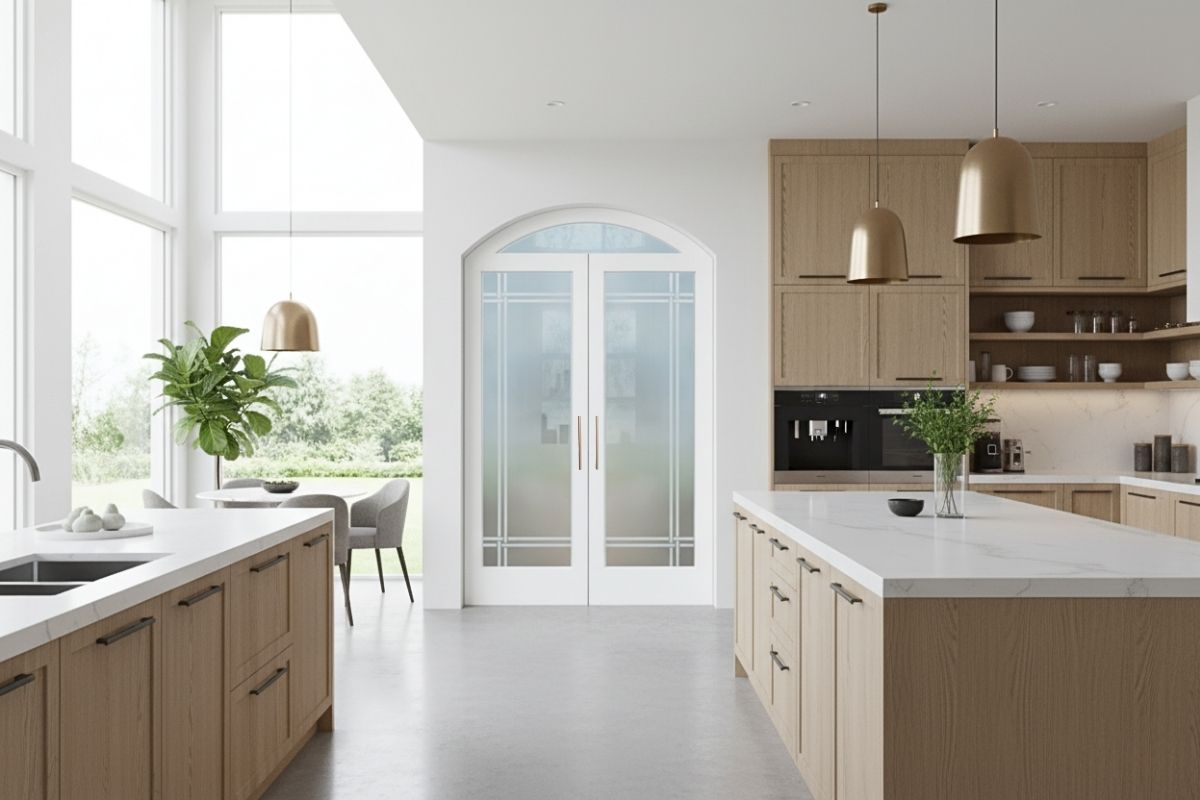 Minimalist frosted glass pantry door with clean horizontal etched panels, a premium handcrafted design that delivers high-quality privacy and modern sophistication in the kitchen.
