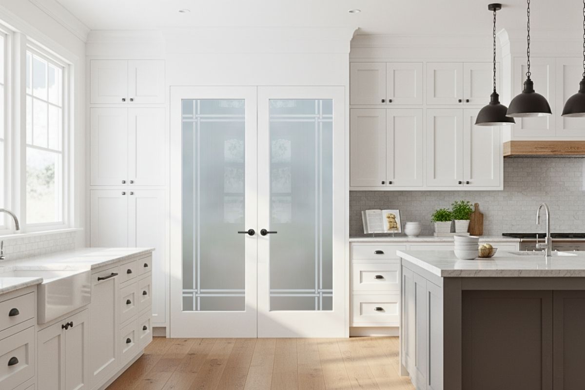 Premium handcrafted minimalist frosted glass pantry doors with horizontal etched bands, adding high-quality privacy and a sleek modern look to a bright white kitchen.