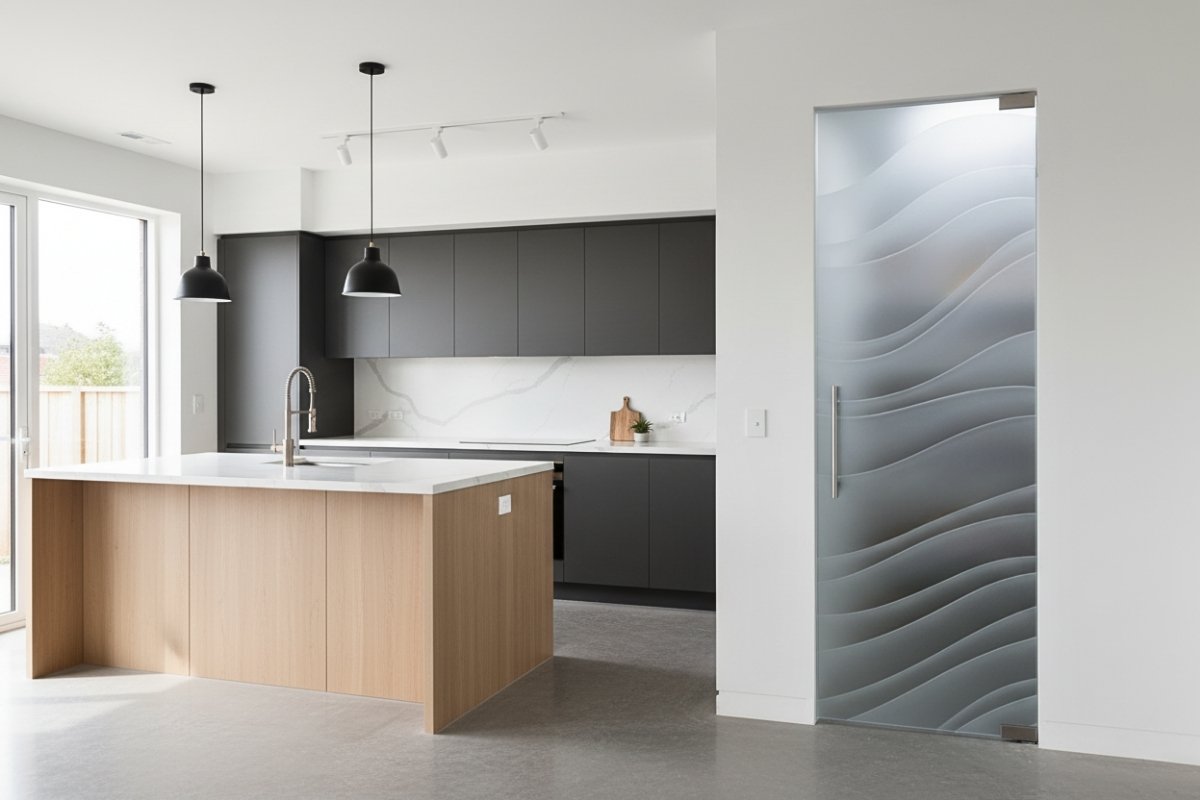 Frameless glass interior door featuring 3DE Dreamy Waves frosted glass design