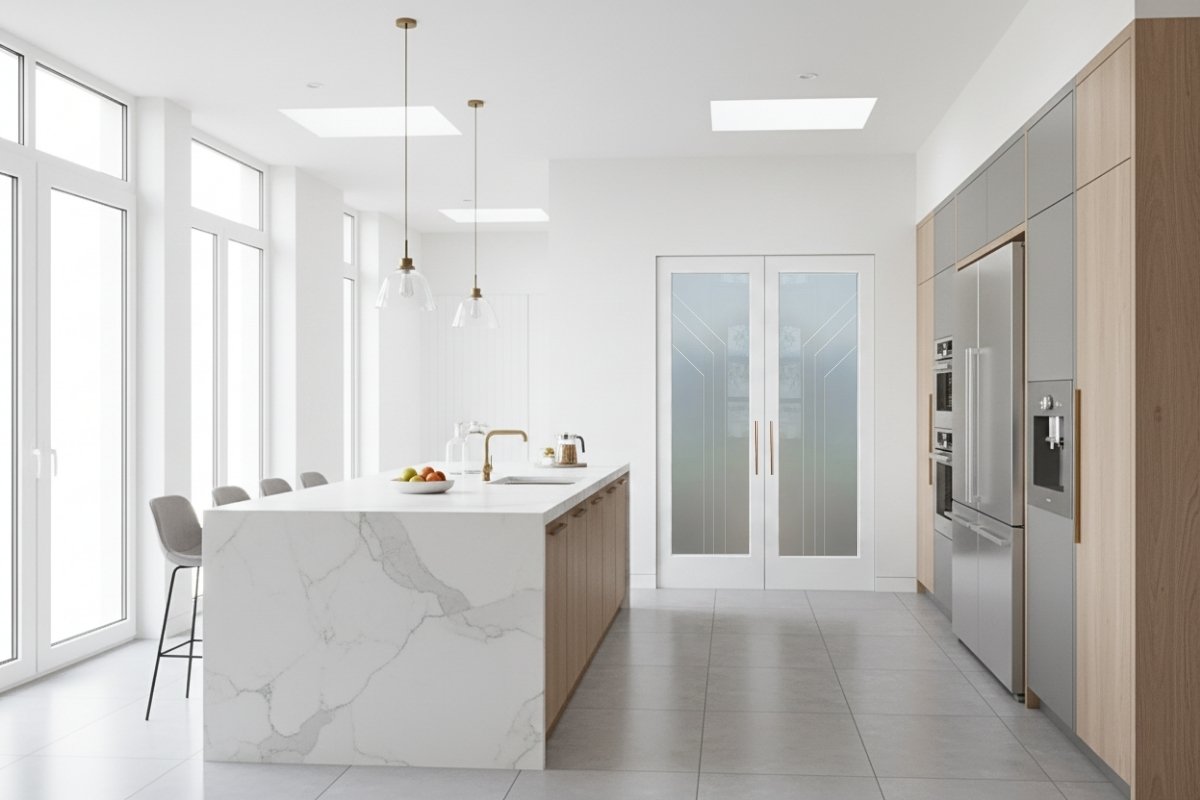 Minimalist frosted glass pantry door with angled pinstripe 3D carved detailing, handcrafted for a premium modern kitchen design that balances privacy and style.