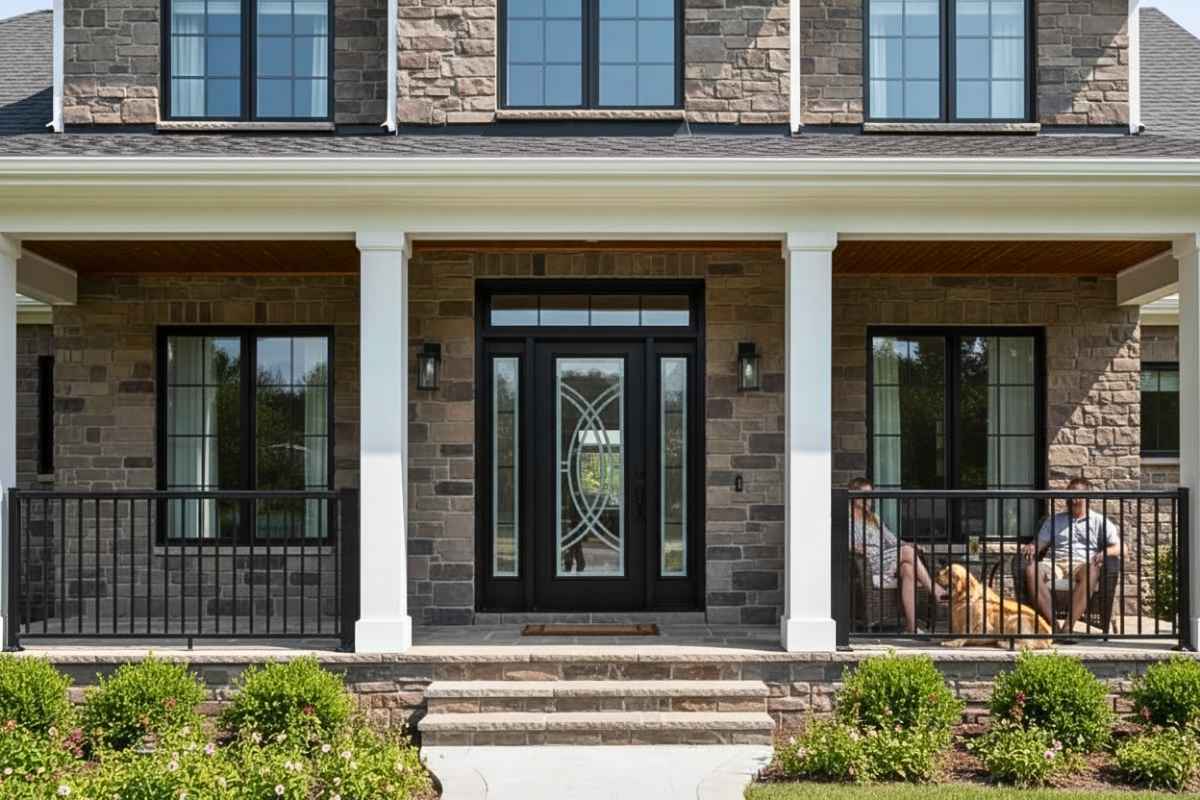 Trendy black front door with frosted glass demi-circle design and sidelights on a stone house entry, with two people relaxing on the porch and a golden retriever lying in front.