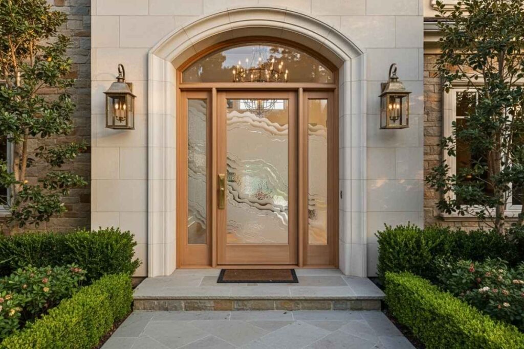 Modern front doors with sidelights and transoms, designed to enhance natural light and create a grand entry look.