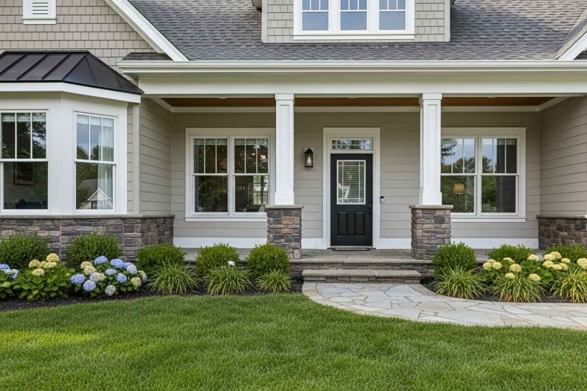 Front entry door with a transom window above, adding height, balance, and elegance when viewed from afar.