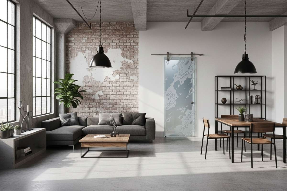 Industrial loft interior with exposed brick wall, large windows, and a frosted glass barn door featuring abstract carved design — modern, handcrafted glass barn doors by Sans Soucie Art Glass for open loft living.