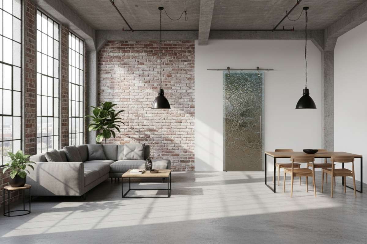 Industrial loft with exposed brick wall, tall steel windows, and a sliding glass barn door featuring textured cast glass design — modern frosted glass barn doors by Sans Soucie Art Glass for privacy and style.