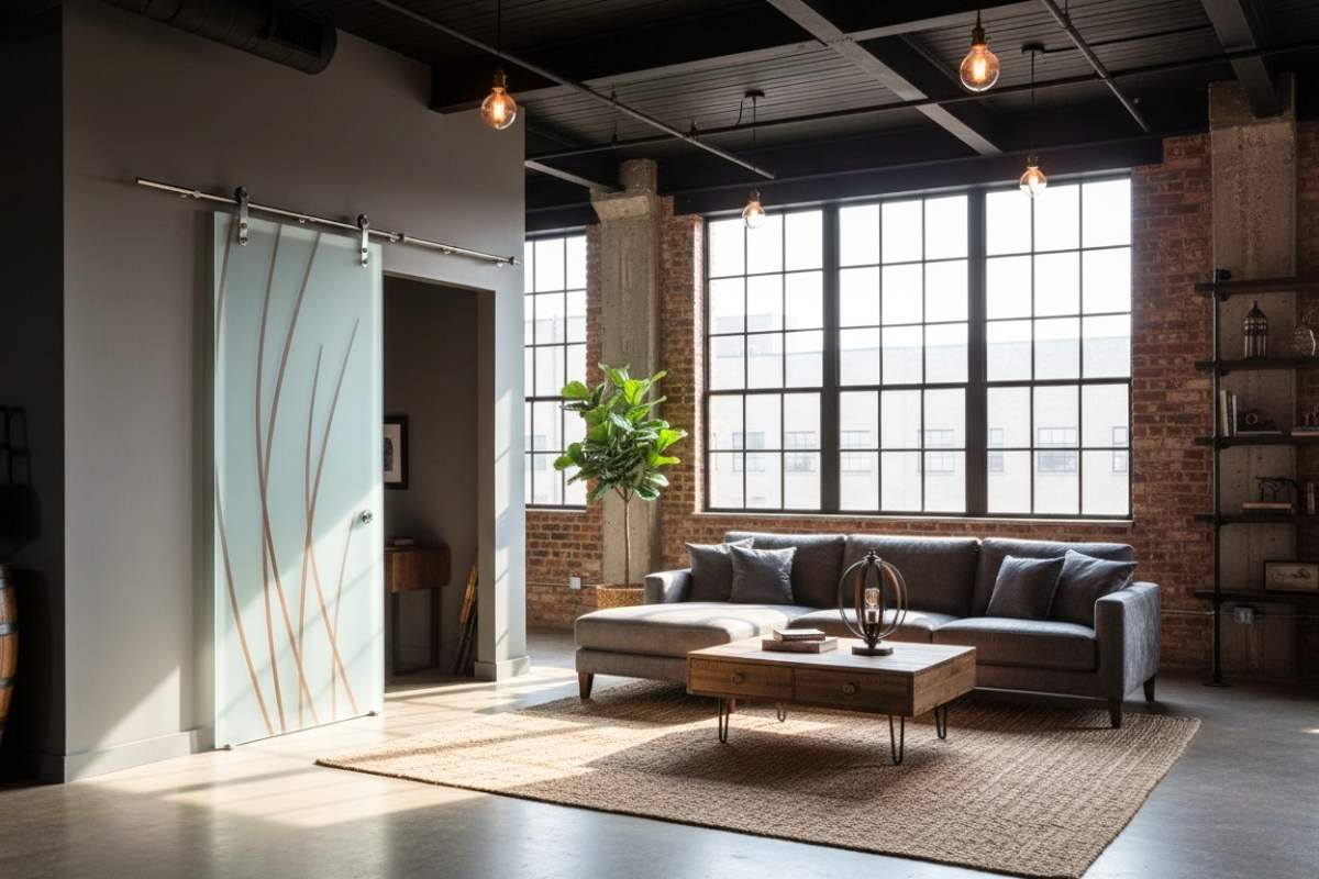 Urban industrial loft with exposed brick and black ceiling beams, featuring a frosted sliding glass barn door with Sleek Arcs 3D painted design — handcrafted glass barn doors by Sans Soucie Art Glass for modern interiors.