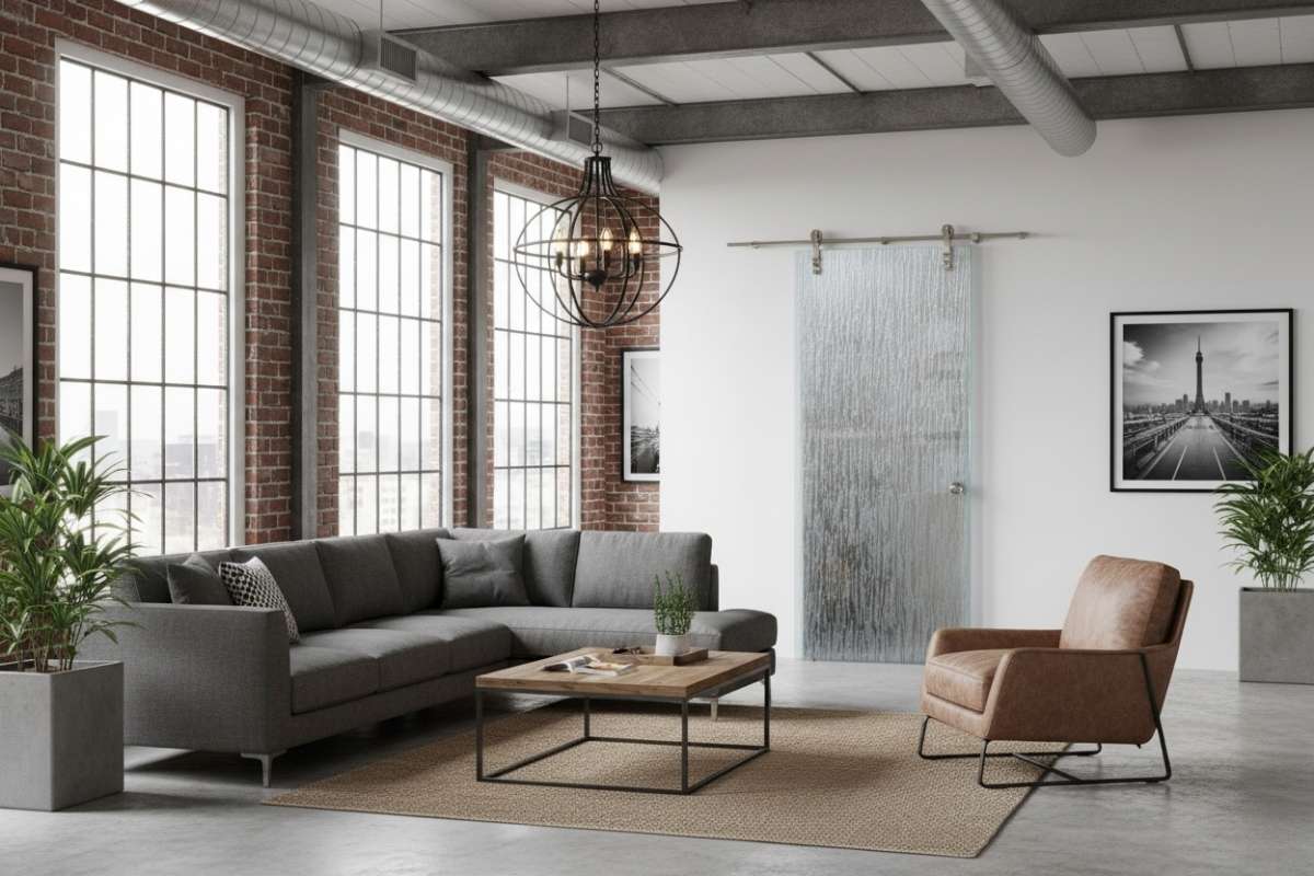 Industrial loft living room with exposed brick walls, tall steel windows, and a sliding glass barn door textured privacy design — custom frosted glass barn doors by Sans Soucie Art Glass for modern interiors.