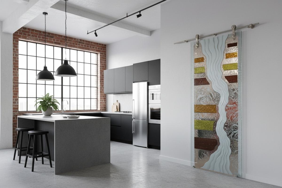 Industrial loft kitchen with brick wall and modern island, featuring a sliding glass barn door with colorful Triptic