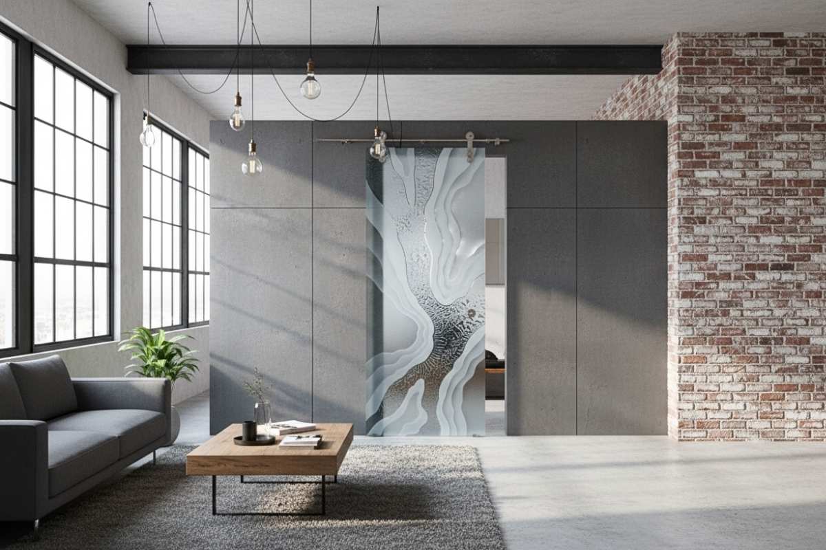 Industrial loft living room with exposed brick wall, steel windows, and a frosted sliding glass barn door with Abstract Liquid 3D Enhanced design — modern privacy barn doors by Sans Soucie Art Glass.