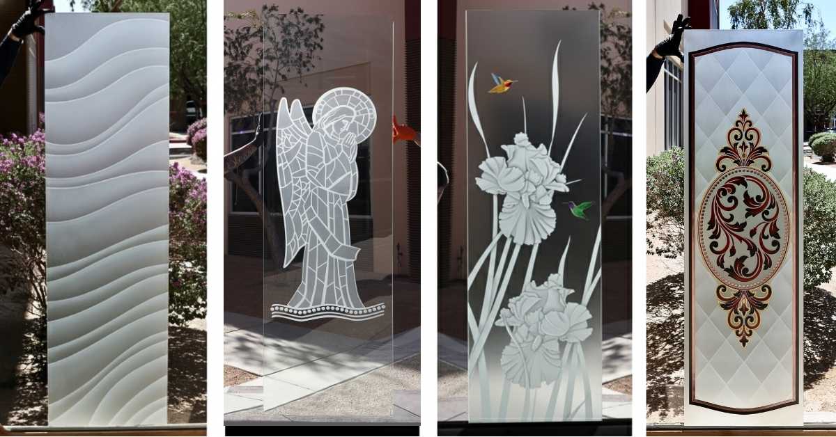 Decorative glass inserts by Sans Soucie Art Glass showcasing custom etched, carved, and painted glass panels.