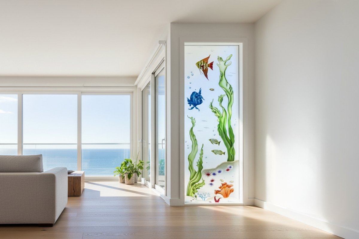 Decorative frosted glass accent window in living room with painted aquarium fish and seaweed design.