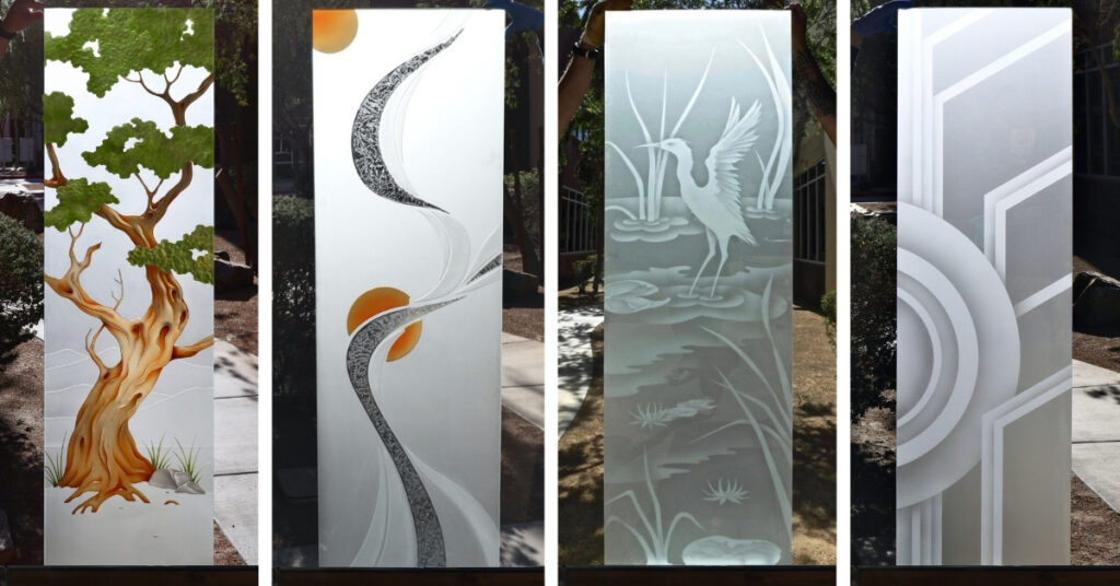 Handcrafted frosted glass panels and inserts for pocket and sliding doors by Sans Soucie Art Glass, featuring custom sandblast etched designs that combine privacy, light, and modern style.