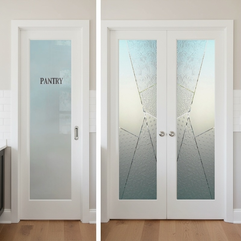 Custom frosted glass pantry doors handcrafted by Sans Soucie Art Glass, showing both double pantry doors vs single pantry doors styles for modern kitchens.