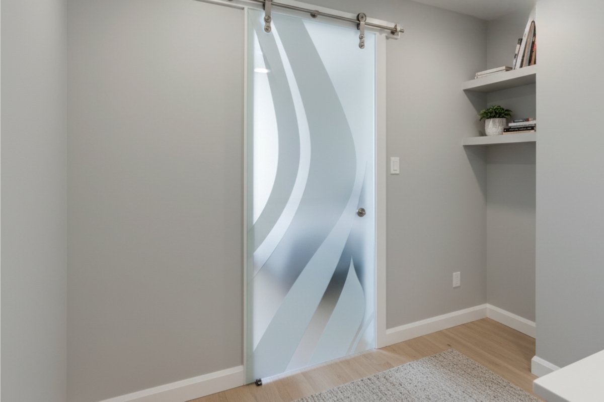 Glass barn door beside kitchen seating with outdoor view