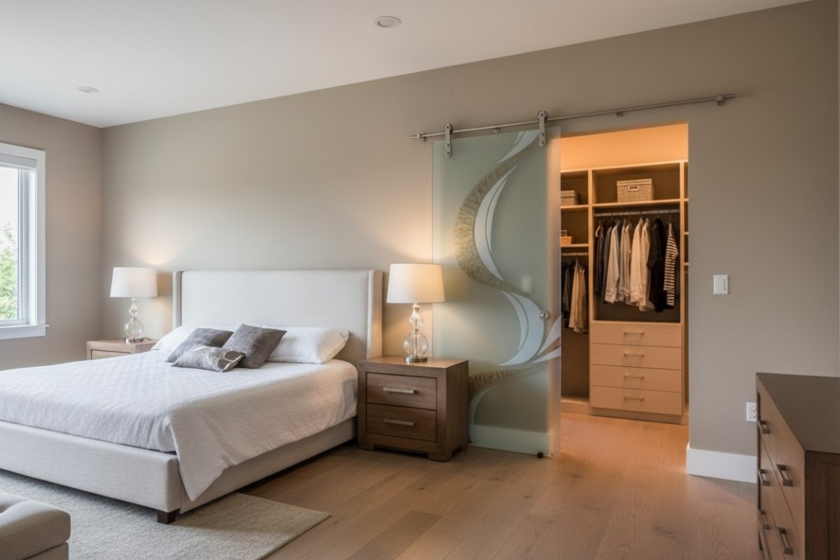 A modern bedroom with a large upholstered bed and a decorative sliding glass barn door with a frosted ribbon pattern leading to a walk-in closet.