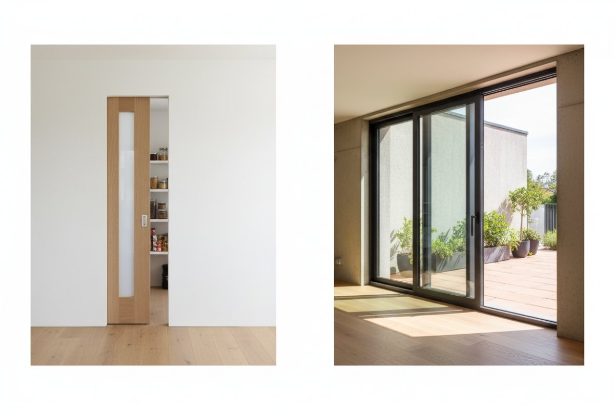 Comparison of a pocket door and a sliding door in two separate modern home interiors.