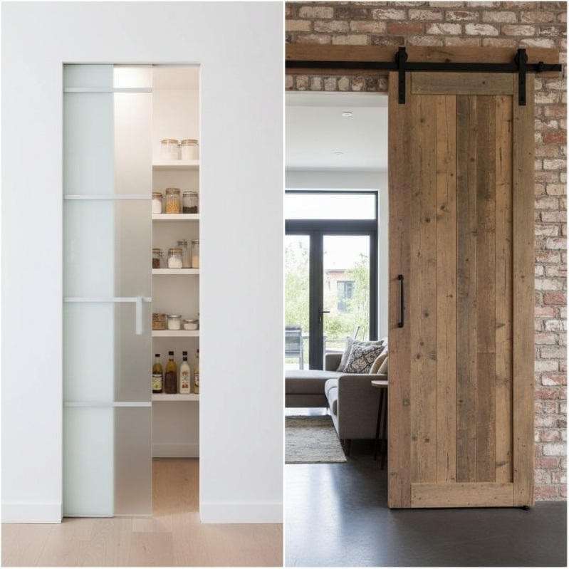 Split image showing a modern frosted glass pocket door on the left and a rustic gray wood sliding barn door on the right