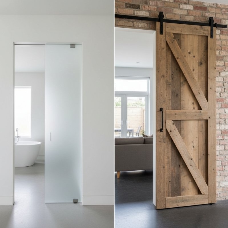 Sliding glass door and solid wood barn door
