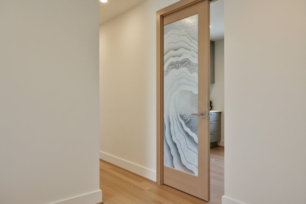 A modern home interior view showing a half-open pocket door with a light wood frame. The glass in the door features a frosted, 3D-carved or layered gluechip design, resembling swirling, semi-private waves or agate.
