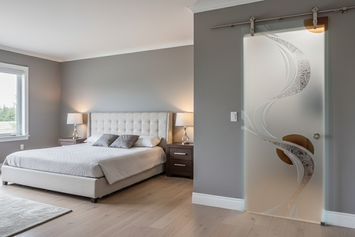 Single glass barn door with soft-close hardware system installed in a closet entryway